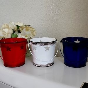 Red white and blue containers